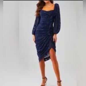 Astr Midnight Blue Ruched Long Sleeve Dress